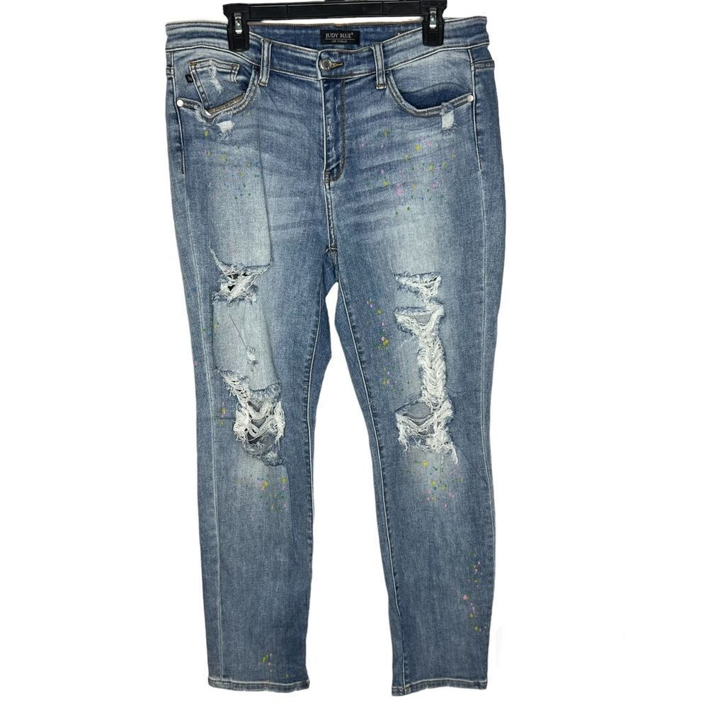 Judy Blue Boyfriend Fit Light Blue Wash Distressed Paint Speckle Jeans Sz 15/32